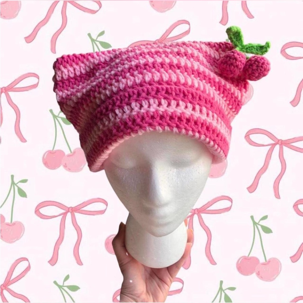 crochet pink and light pink cherry detail striped cat ear beanie
